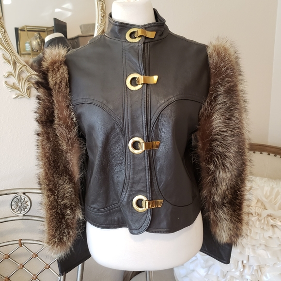 Vintage Jackets & Blazers - Vintage Leather Fur Sleeved Jacket